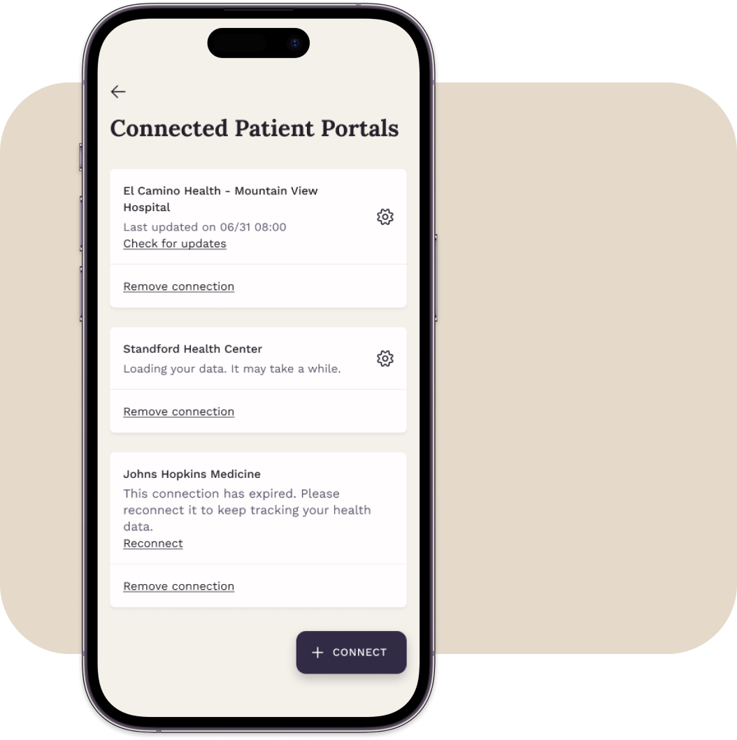 Centralized Health Information screenshot from the Sigma patient app