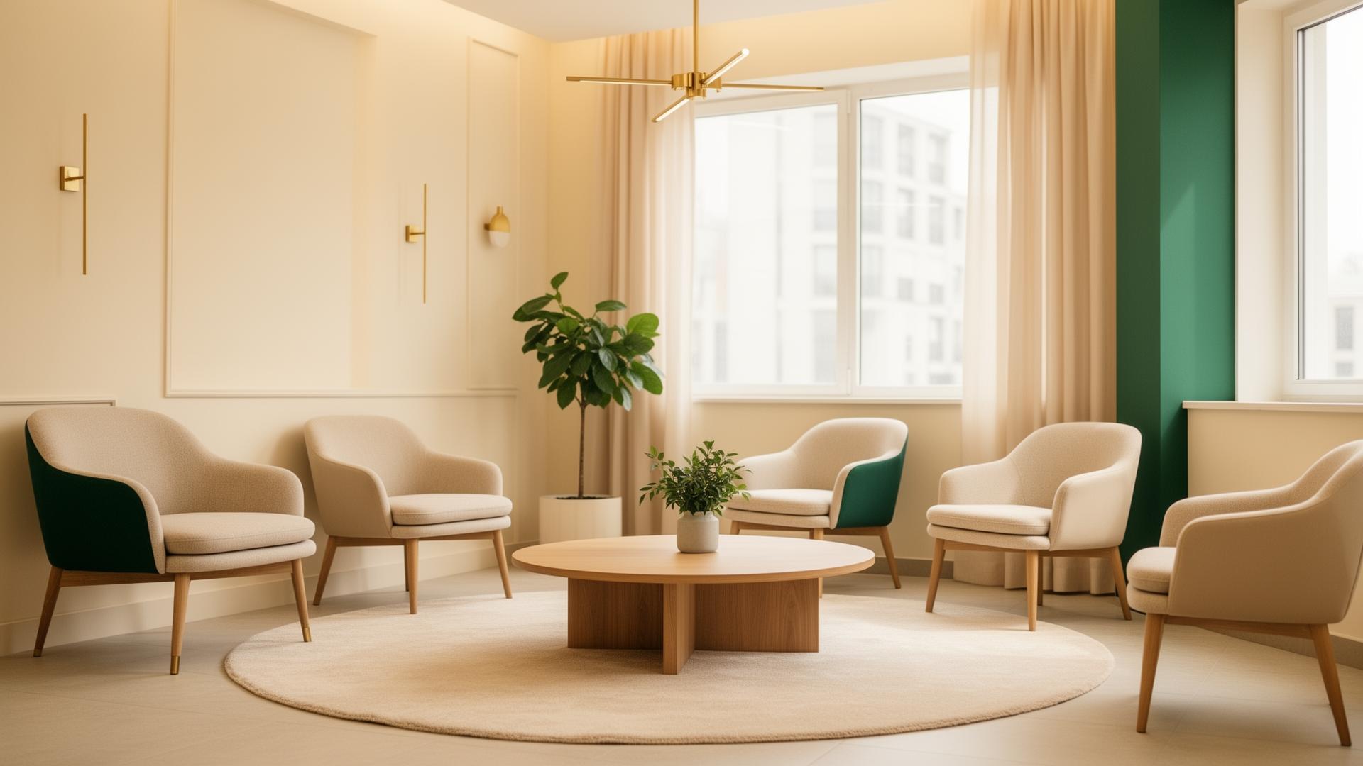 Calm modern clinic waiting room with cream tones, emerald accents, and natural light